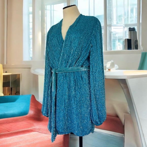 ⚡️SALE Retrofete Gabrielle Sequin Robe Mini Dress Sky Blue - Picture 3 of 8